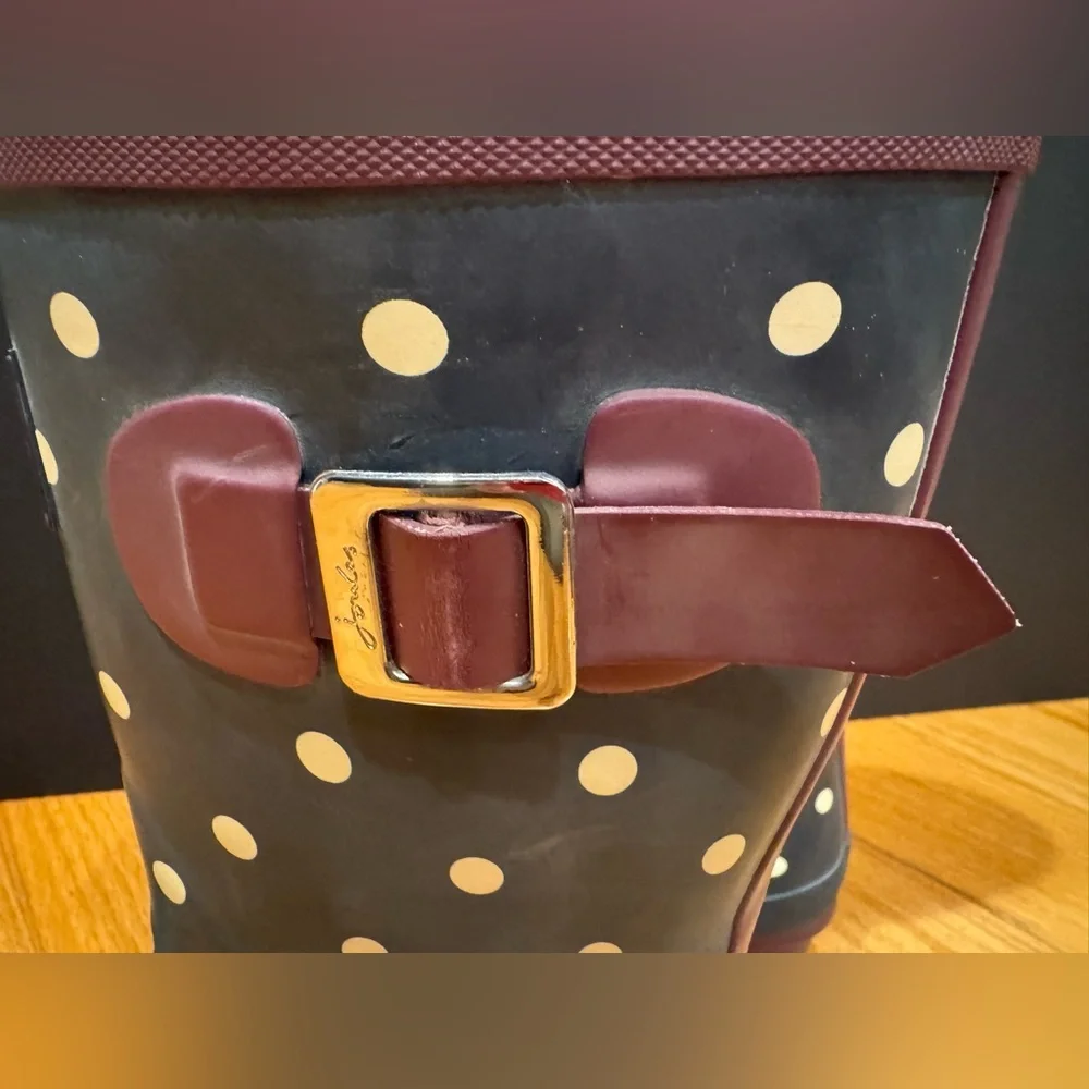 Joules Molly Welly Mid Calf Navy Rain Boots White Polka Dot Burgundy Trim Size 8 - Picture 11 of 16